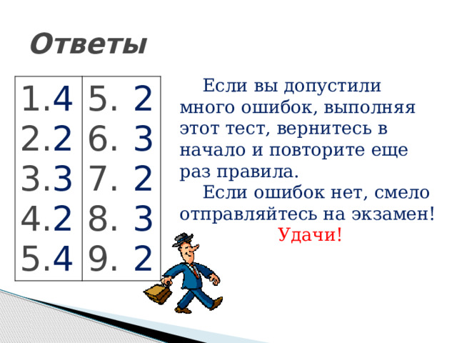 Ответы  Если вы допустили много ошибок, выполняя этот тест, вернитесь в начало и повторите еще раз правила.  Если ошибок нет, смело отправляйтесь на экзамен! Удачи! 4 2 3 2 4 2 3 2 3 2 