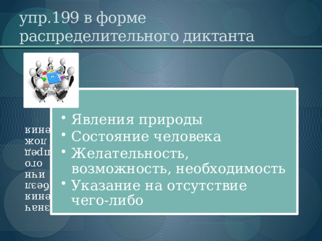 значения безличного предложения упр.199 в форме  распределительного диктанта Явления природы Состояние человека Желательность, возможность, необходимость Указание на отсутствие чего-либо Явления природы Состояние человека Желательность, возможность, необходимость Указание на отсутствие чего-либо 