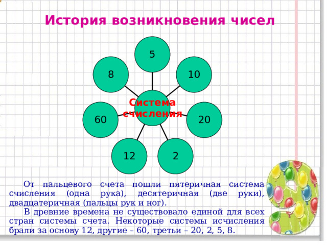 История возникновения чисел 5 8 10 Система счисления 60 20 2 12  От пальцевого счета пошли пятеричная система счисления (одна рука), десятеричная (две руки), двадцатеричная (пальцы рук и ног).  В древние времена не существовало единой для всех стран системы счета. Некоторые системы исчисления брали за основу 12, другие – 60, третьи – 20, 2, 5, 8. 11 