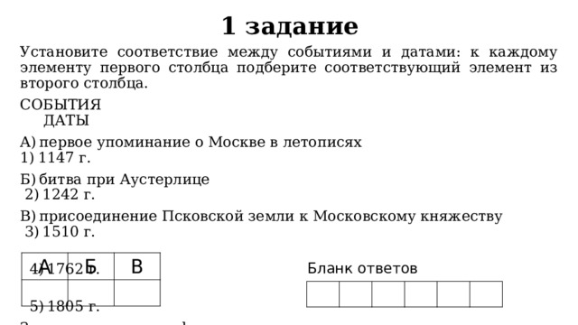 1 задание Установите соответствие между событиями и датами: к каждому элементу первого столбца подберите соответствующий элемент из второго столбца. СОБЫТИЯ ДАТЫ А) первое упоминание о Москве в летописях 1) 1147 г. Б) битва при Аустерлице 2) 1242 г. В) присоединение Псковской земли к Московскому княжеству 3) 1510 г.  4) 1762 г.  5) 1805 г. Запишите в ответ цифры, расположив их в порядке, соответствующем буквам: А Б В Бланк ответов 