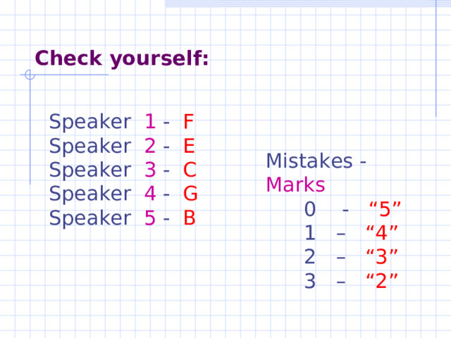 Check yourself: Speaker 1 - F Speaker 2 - E Speaker 3 - C Speaker 4 - G Speaker 5 - B Mistakes - Marks  0 - “5”  1 – “4”   2 – “3”  3 – “2” 