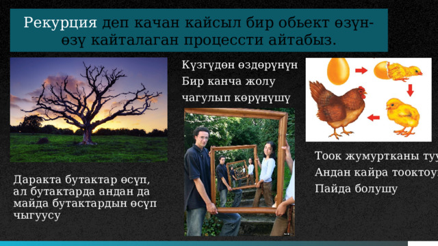 Рекурция деп качан кайсыл бир обьект өзүн-өзү кайталаган процессти айтабыз. Күзгүдөн өздөрүнүн Бир канча жолу чагулып көрүнүшү Тоок жумуртканы тууп, Андан кайра тооктоун Пайда болушу Даракта бутактар өсүп, ал бутактарда андан да майда бутактардын өсүп чыгуусу 3 