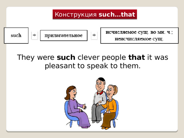 Конструкция  such…that They were  such  clever people that it was pleasant to speak to them. 