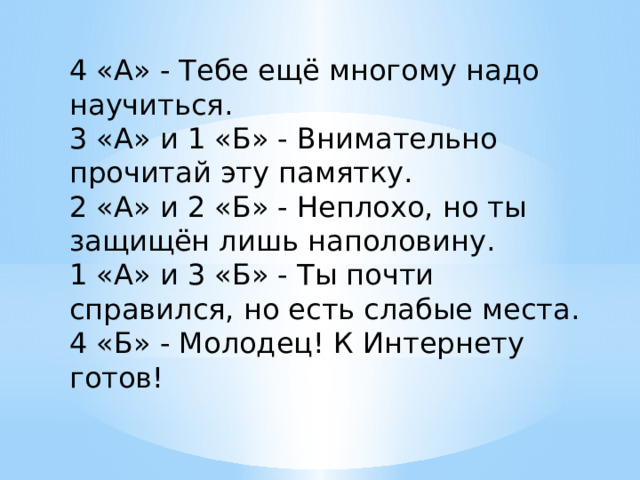 4 «А» - Тебе ещё многому надо научиться. 3 «А» и 1 «Б» - Внимательно прочитай эту памятку. 2 «А» и 2 «Б» - Неплохо, но ты защищён лишь наполовину. 1 «А» и 3 «Б» - Ты почти справился, но есть слабые места. 4 «Б» - Молодец! К Интернету готов!  