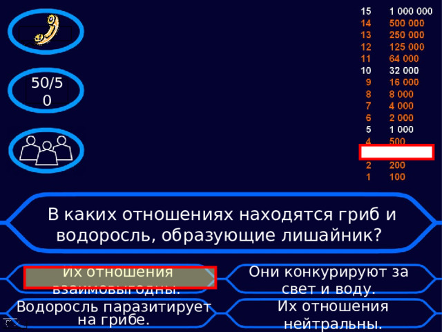 50/50  В каких отношениях находятся гриб и водоросль, образующие лишайник?   Их отношения взаимовыгодны. Они конкурируют за свет и воду. Водоросль паразитирует на грибе. Их отношения нейтральны. 