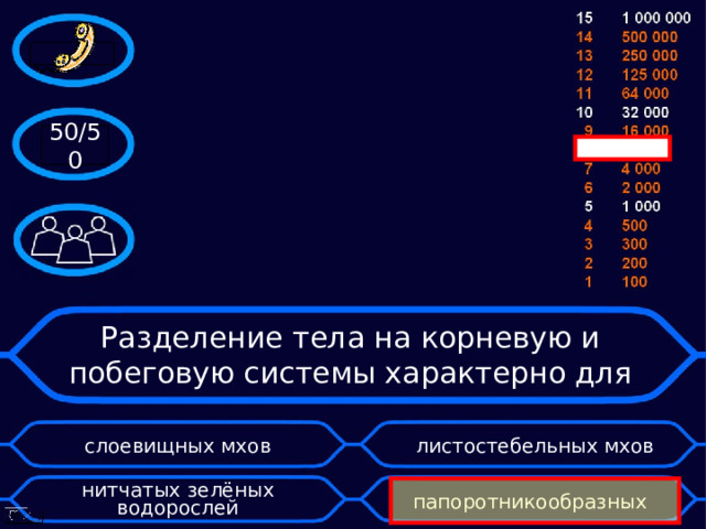 50/50 Разделение тела на корневую и побеговую системы характерно для слоевищных мхов листостебельных мхов нитчатых зелёных водорослей   папоротникообразных 