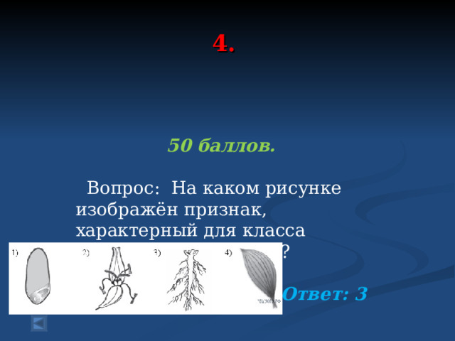 4. 50 баллов.   Вопрос: На каком рисунке изображён признак, характерный для класса Двудольные растения?  Ответ: 3  