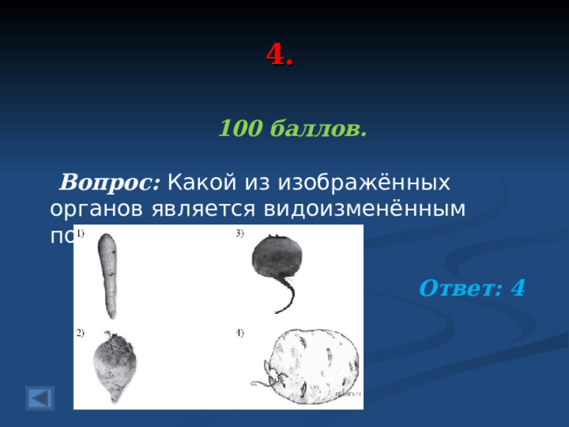 4. 100 баллов.   Вопрос: Какой из изображённых органов является видоизменённым побегом? Ответ: 4  