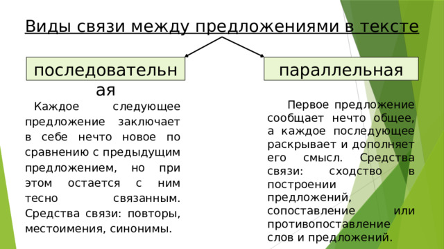 Виды связи между предложениями в тексте параллельная последовательная Каждое следующее предложе­ние заключает в себе нечто новое по сравнению с предыдущим предложением, но при этом остается с ним тесно связанным. Средства связи: повторы, местоимения, синонимы.  Первое предложение сообщает не­что общее, а каждое последующее раскрывает и дополняет его смысл. Средства связи: сход­ство в построении предложений, сопоставление или противо­поставление слов и предложений. 