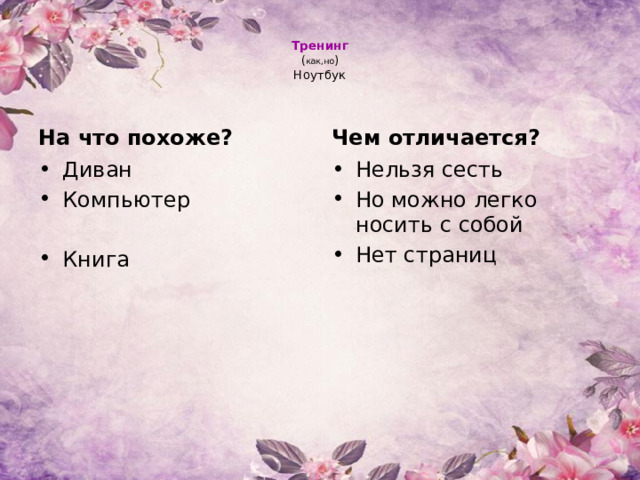  Тренинг  ( как,но )  Ноутбук   На что похоже? Чем отличается? Диван Компьютер Нельзя сесть Но можно легко носить с собой Нет страниц Книга 