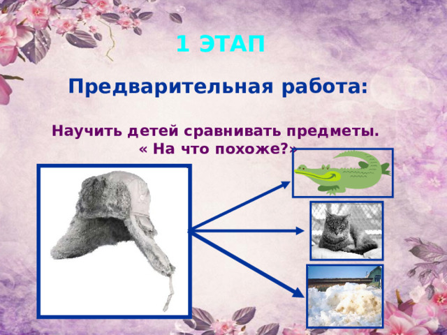 1 ЭТАП  Предварительная работа:  Научить детей сравнивать предметы. « На что похоже?» 