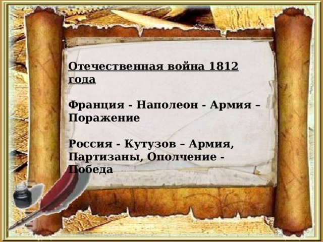 Отечественная война 1812 года  Франция - Наполеон - Армия – Поражение  Россия - Кутузов – Армия, Партизаны, Ополчение - Победа  