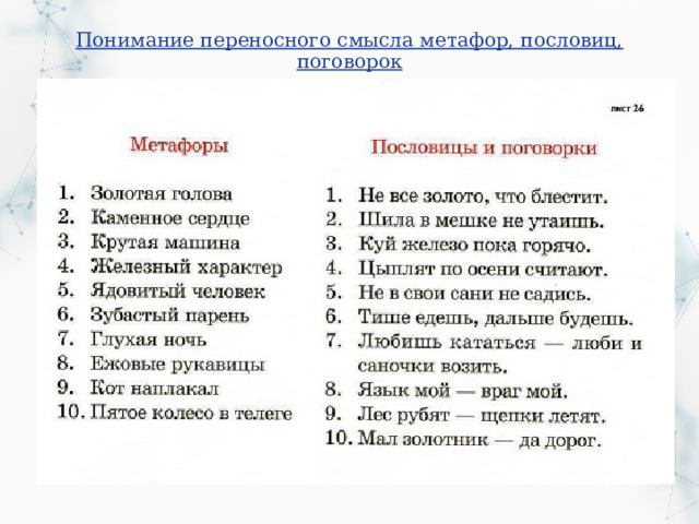 Понимание переносного смысла метафор, пословиц, поговорок 
