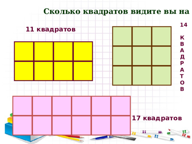 Сколько квадратов видите вы на рисунках? 14  К В А Д Р А Т О В  11 квадратов 17 квадратов 