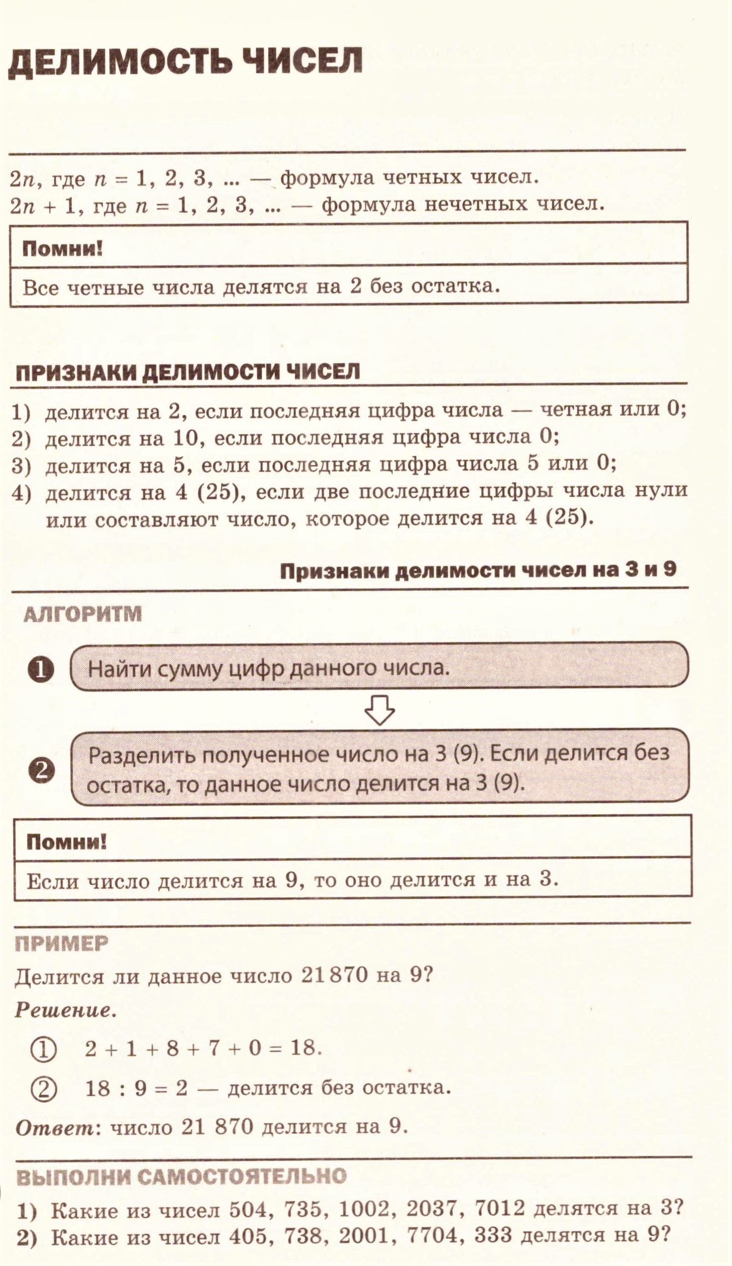 Делимость чисел: теория, алгоритмы и примеры решения типовых задач