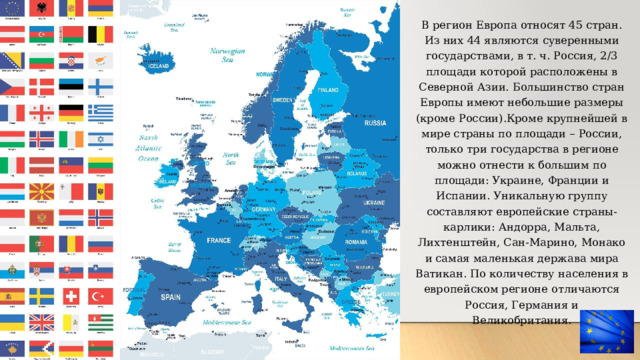 В регион Европа относят 45 стран. Из них 44 являются суверенными государствами, в т. ч. Россия, 2/3 площади которой расположены в Северной Азии. Большинство стран Европы имеют небольшие размеры (кроме России).Кроме крупнейшей в мире страны по площади – России, только три государства в регионе можно отнести к большим по площади: Украине, Франции и Испании. Уникальную группу составляют европейские страны-карлики: Андорра, Мальта, Лихтенштейн, Сан-Марино, Монако и самая маленькая держава мира Ватикан. По количеству населения в европейском регионе отличаются Россия, Германия и Великобритания. 