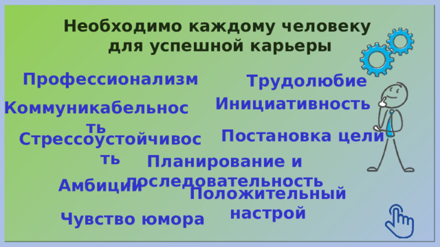 Необходимо каждому человеку для успешной карьеры Профессионализм Трудолюбие Инициативность Коммуникабельность Постановка цели Стрессоустойчивость Планирование и последовательность Амбиции Положительный настрой Чувство юмора 