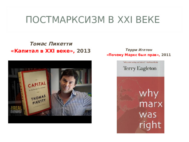 ПОСТМАРКСИЗМ В XXI ВЕКЕ Томас Пикетти «Капитал в XXI веке», 2013   Терри Иглтон «Почему Маркс был прав», 2011  