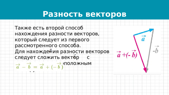 Разность векторов Также есть второй способ нахождения разности векторов, который следует из первого рассмотренного способа.  Для нахождения разности векторов следует сложить вектор с вектором, противоположным вектору : 