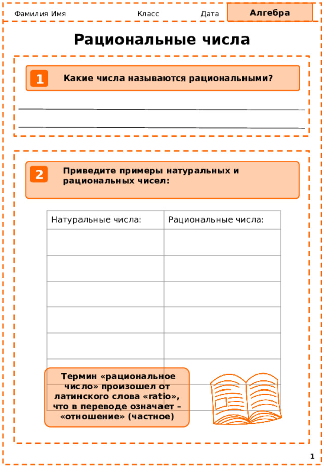 Алгебра Фамилия Имя Класс Дата Рациональные числа 1 Какие числа называются рациональными? Приведите примеры натуральных и рациональных чисел: 2 Натуральные числа: Рациональные числа:  Термин «рациональное число» произошел от латинского слова «ratio», что в переводе означает – «отношение» (частное) 1 