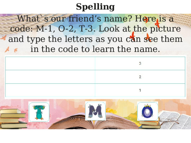 Spelling What`s our friend’s name? Here is a code: M-1, O-2, Т-3. Look at the picture and type the letters as you can see them in the code to learn the name. 