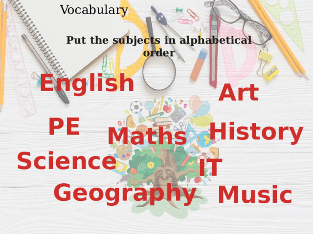 Vocabulary Put the subjects in alphabetical order English Art PE History Maths Science IT Geography Music 