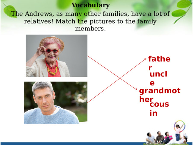 Vocabulary The Andrews, as many other families, have a lot of relatives! Match the pictures to the family members. father uncle grandmother cousin 