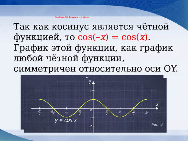 Свойство №2 функции у = cos x:   Так как косинус является чётной функцией, то сos(– x ) = cos( x ) . График этой функции, как график любой чётной функции, симметричен относительно оси OY.  