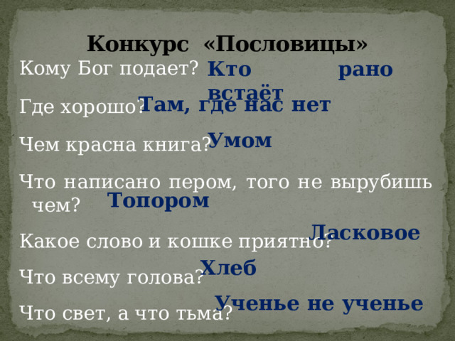 Конкурс «Пословицы» Кто рано встаёт Кому Бог подает? Где хорошо? Чем красна книга? Что написано пером, того не вырубишь чем? Какое слово и кошке приятно? Что всему голова? Что свет, а что тьма? Там, где нас нет Умом Топором Ласковое Хлеб Ученье не ученье  
