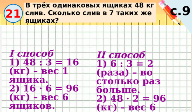 с.9 В трёх одинаковых ящиках 48 кг слив. Сколько слив в 7 таких же ящиках? 21 I способ 1) 48 : 3 = 16 (кг) – вес 1 ящика. 2) 16 · 6 = 96 (кг) – вес 6 ящиков. II способ 1) 6 : 3 = 2 (раза) – во столько раз больше. 2) 48 · 2 = 96 (кг) – вес 6 ящиков. 