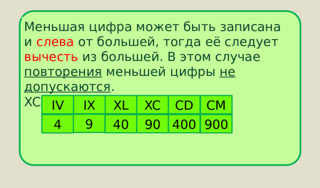 Меньшая цифра может быть записана и слева от большей, тогда её следует вычесть из большей. В этом случае повторения меньшей цифры не допускаются . XCIV = 100 – 10 + 5 – 1 = 94. IX XL XC CD IV CM 9 40 90 400 4 900 