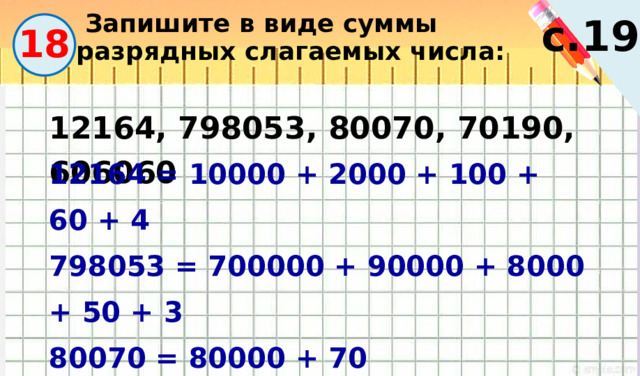 с.19  Запишите в виде суммы разрядных слагаемых числа: 18 12164, 798053, 80070, 70190, 606060 12164 = 10000 + 2000 + 100 + 60 + 4 798053 = 700000 + 90000 + 8000 + 50 + 3 80070 = 80000 + 70 70190 = 70000 + 100 + 90 606060 = 600000 + 6000 + 60 