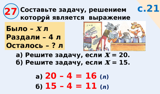 с.21 Составьте задачу, решением которой является выражение х – 4 . 27 Было –  х л Раздали – 4 л Осталось – ? л а) Решите задачу, если х = 20. б) Решите задачу, если х = 15. а) 20 – 4 = 16 (л) б) 15 – 4 = 11 (л) 