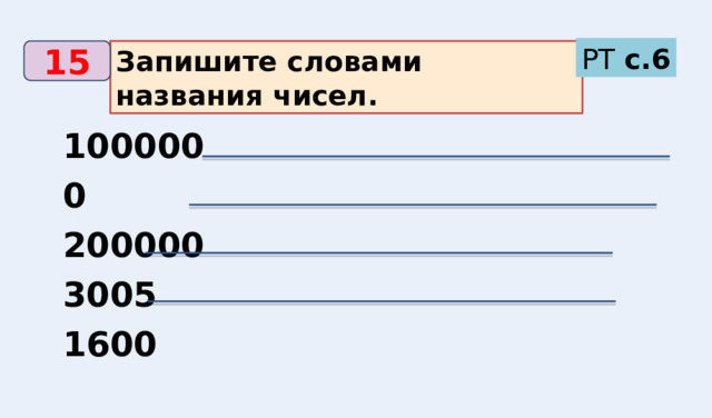 РТ с.6 Запишите словами названия чисел. 15 1000000 200000 3005 1600 