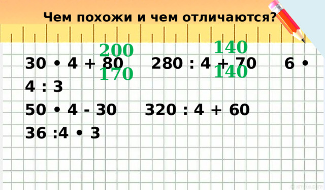 Чем похожи и чем отличаются? 140 200 30 • 4 + 80 280 : 4 + 70 6 • 4 : 3 50 • 4 - 30 320 : 4 + 60 36 :4 • 3 140 170 