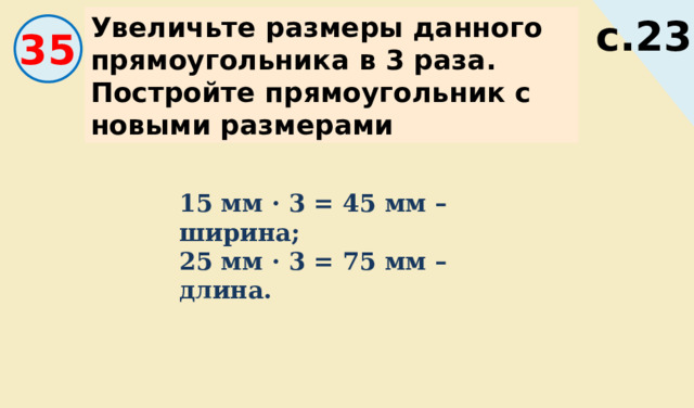 Вычислите. Увеличьте размеры данного прямоугольника в 3 раза. Постройте прямоугольник с новыми размерами с.23 35 15 мм · 3 = 45 мм – ширина; 25 мм · 3 = 75 мм – длина. 