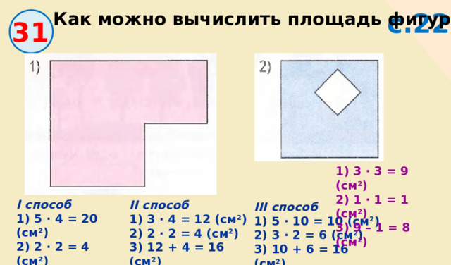Как можно вычислить площадь фигур? с.22 31 1) 3 · 3 = 9 (см 2 ) 2) 1 · 1 = 1 (см 2 ) 3) 9 – 1 = 8 (см 2 ) I способ 1) 5 · 4 = 20 (см 2 ) 2) 2 · 2 = 4 (см 2 ) 3) 20 – 4 = 16 (см 2 ) II способ 1) 3 · 4 = 12 (см 2 ) 2) 2 · 2 = 4 (см 2 ) 3) 12 + 4 = 16 (см 2 ) III способ 1) 5 · 10 = 10 (см 2 ) 2) 3 · 2 = 6 (см 2 ) 3) 10 + 6 = 16 (см 2 ) 