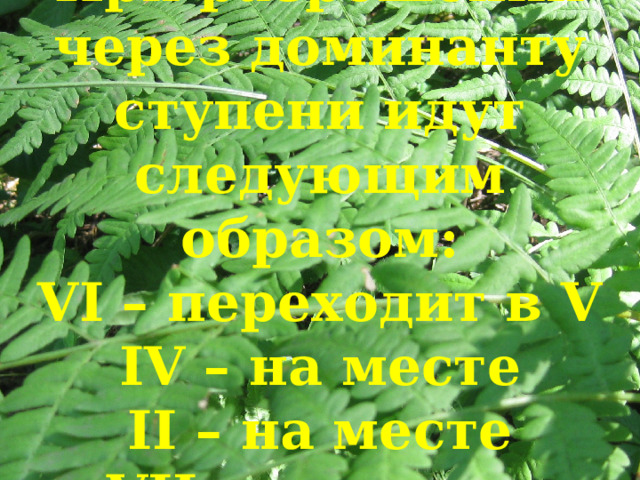  При разрешении через доминанту ступени идут следующим образом:  VI – переходит в V  IV – на месте  II – на месте  VII – на месте 