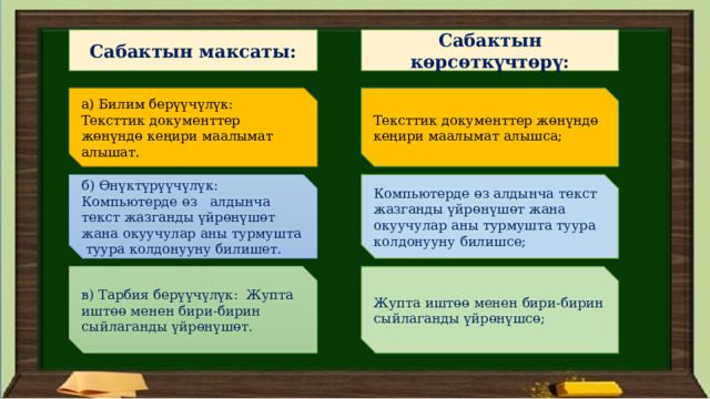 Сабактын максаты: Сабактын көрсөткүчтөрү: а) Билим берүүчүлүк: Тексттик документтер жөнүндө кеңири маалымат алышат. Тексттик документтер жөнүндө кеңири маалымат алышса; б) Өнүктүрүүчүлүк: Компьютерде өз алдынча текст жазганды үйрөнүшөт жана окуучулар аны турмушта туура колдонууну билишет. Компьютерде өз алдынча текст жазганды үйрөнүшөт жана окуучулар аны турмушта туура колдонууну билишсе; в) Тарбия берүүчүлүк: Жупта иштөө менен бири-бирин сыйлаганды үйрөнүшөт. Жупта иштөө менен бири-бирин сыйлаганды үйрөнүшсө; 