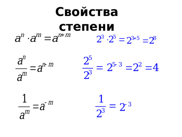 Свойства степени При действиях со степенями, имеющими одинаковые основания, можно использовать следующие свойства, позволяющие существенно упростить расчеты  