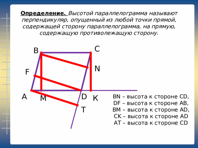 Определение. Высотой параллелограмма называют перпендикуляр, опущенный из любой точки прямой, содержащей сторону параллелограмма, на прямую, содержащую противолежащую сторону. С В N F D А М К BN – высота к стороне CD , DF – высота к стороне AB , BM – высота к стороне AD , CK – высота к стороне AD AT – высота к стороне CD   T 