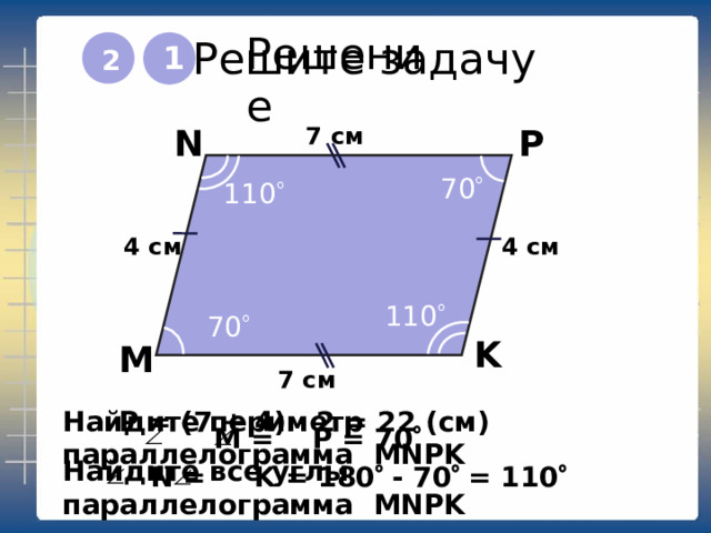 Решите задачу Решение 1 2 7 см P N 70  110  4  см 4  см 110  70  K M 7 см Р = (7 + 4) · 2 = 22 (см) Найдите периметр параллелограмма MNPK  М = Р = 70    Найдите все углы параллелограмма MNPK   N =  K = 180  - 70  = 110    