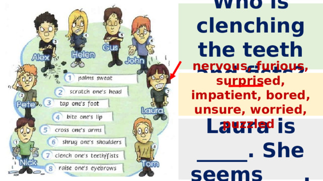 Who is clenching the teeth and fists? nervous, furious, surprised, impatient, bored, unsure, worried, puzzled Laura is _____. She seems____. 