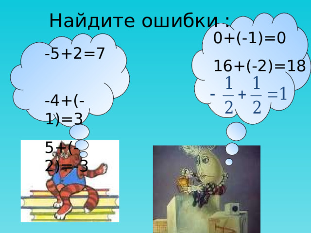 Найдите ошибки : 0+(-1)=0 16+(-2)=18 -5+2=7 -4+(-1)=3 5+(-2)=-3 