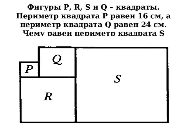 Фигуры P , R , S и Q – квадраты. Периметр квадрата P равен 16 см, а периметр квадрата Q равен 24 см. Чему равен периметр квадрата S 