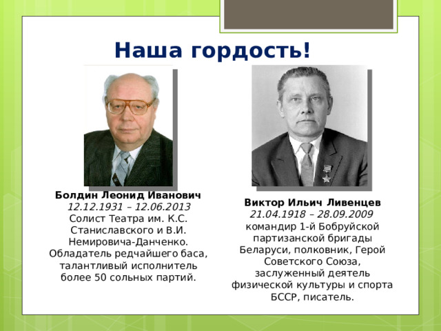 Наша гордость! Болдин Леонид Иванович 12.12.1931 – 12.06.2013 Солист Театра им. К.С. Станиславского и В.И. Немировича-Данченко. Обладатель редчайшего баса, талантливый исполнитель более 50 сольных партий. Виктор Ильич Ливенцев 21.04.1918 – 28.09.2009 командир 1-й Бобруйской партизанской бригады Беларуси, полковник, Герой Советского Союза, заслуженный деятель физической культуры и спорта БССР, писатель. 