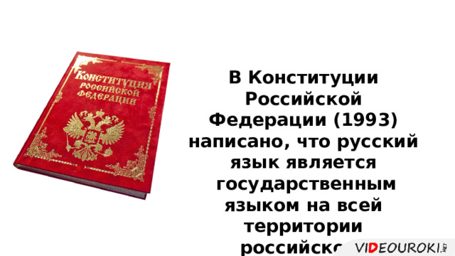 В Конституции Российской Федерации (1993) написано, что русский язык является  государственным языком на всей территории российского государства. 
