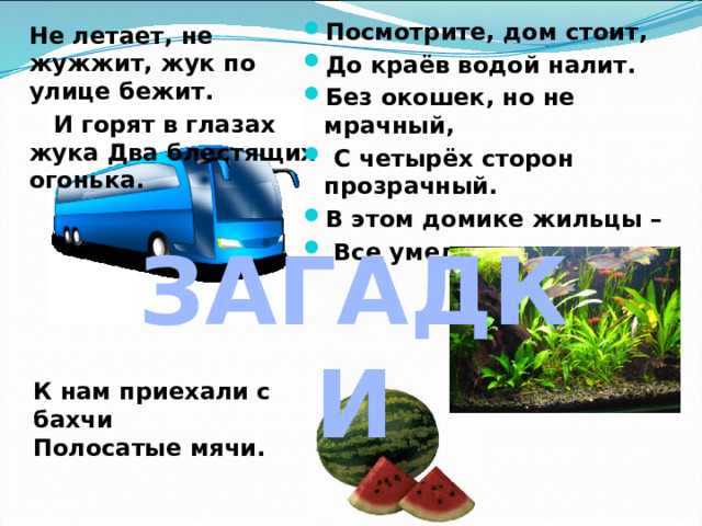 Не летает, не жужжит, жук по улице бежит. Посмотрите, дом стоит, До краёв водой налит. Без окошек, но не мрачный,  С четырёх сторон прозрачный. В этом домике жильцы –  Все умелые пловцы.  И горят в глазах жука Два блестящих огонька. ЗАГАДКИ К нам приехали с бахчи  Полосатые мячи. 