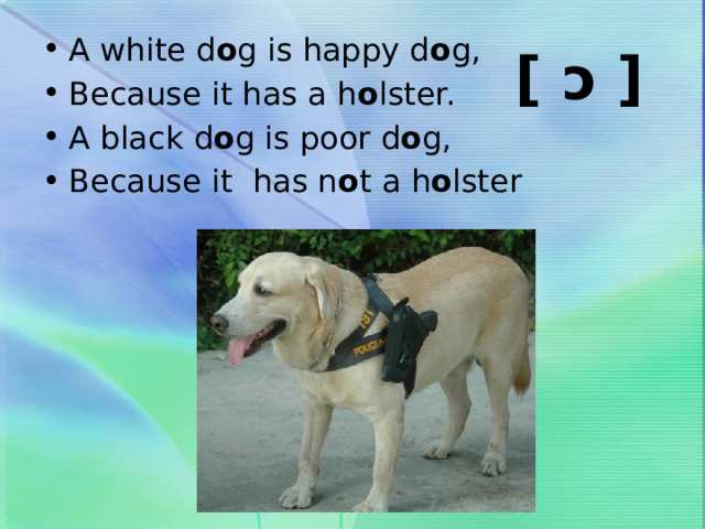 A white d o g is happy d o g, Because it has a h o lster. A black d o g is poor d o g, Because it has n o t a h o lster [ ɔ ] 