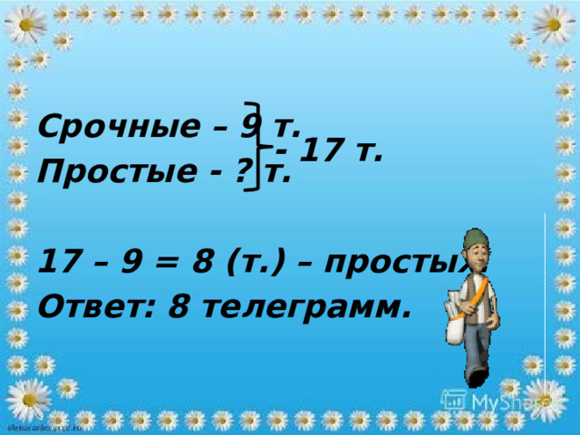 Срочные – 9 т. Простые - ? т.  17 – 9 = 8 (т.) – простых. Ответ: 8 телеграмм. - 17 т. 